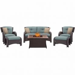 Hanover Strathmere 6-Piece Lounge Set with Tan Tile Top Fire Pit Table, 40k BTU, STRATH6PCFP-TAN-WG