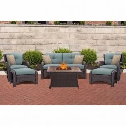 Hanover Strathmere 6-Piece Lounge Set with Tan Tile Top Fire Pit Table, 40k BTU, STRATH6PCFP-TAN-WG -Hanover Sales 1247143 A3