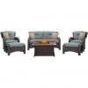 Hanover Strathmere 6-Piece Lounge Set with Wood Grain Tile Top Fire Pit Table, 40k BTU, STRATH6PCFP-BLU-WG -Hanover Sales 1247144