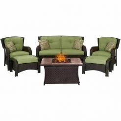Hanover Strathmere 6-Piece Lounge Set with Tan Tile Top Fire Pit Table, 40k BTU, STRATH6PCFP-TAN-WG -Hanover Sales 1247145
