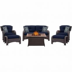 Hanover Strathmere 6-Piece Lounge Set with Tan Tile Top Fire Pit Table, 40k BTU, STRATH6PCFP-TAN-WG -Hanover Sales 1247147