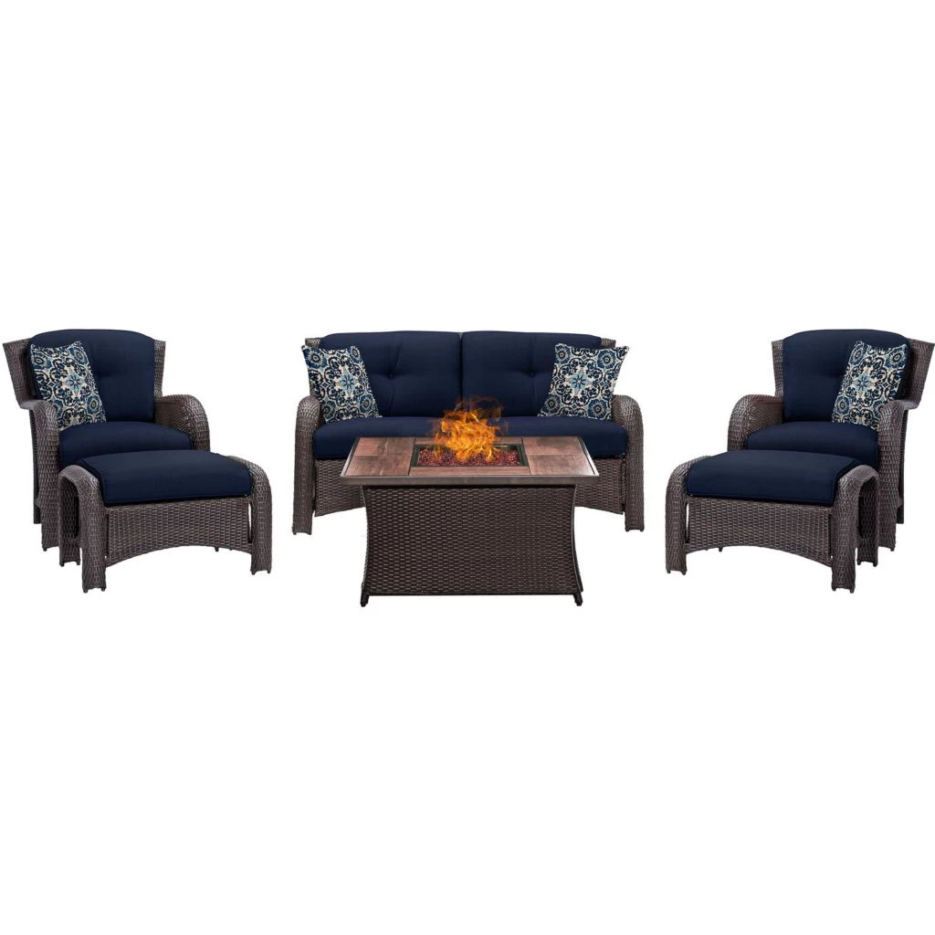 Hanover Strathmere 6-Piece Lounge Set with Wood Grain Tile Top Fire Pit Table, 40k BTU, STRATH6PCFP-BLU-WG 11 Hanover Strathmere 6-Piece Lounge Set with Wood Grain Tile Top Fire Pit Table, 40k BTU, STRATH6PCFP-BLU-WG - Image 9