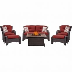 Hanover Strathmere 6-Piece Lounge Set with Tan Tile Top Fire Pit Table, 40k BTU, STRATH6PCFP-TAN-WG -Hanover Sales 1247149