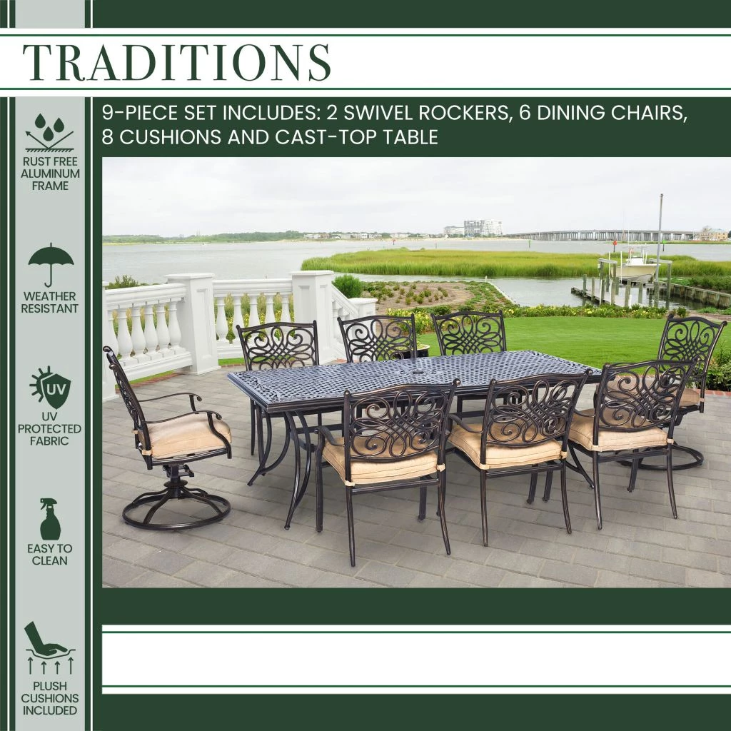 Hanover Traditions 9-Piece Dining Set with Six Dining Chairs, Two Swivel Rockers & Extra-Long Dining Table, TRADDN9PCSW-2 4 Hanover Traditions 9-Piece Dining Set with Six Dining Chairs, Two Swivel Rockers & Extra-Long Dining Table, TRADDN9PCSW-2 - Image 2