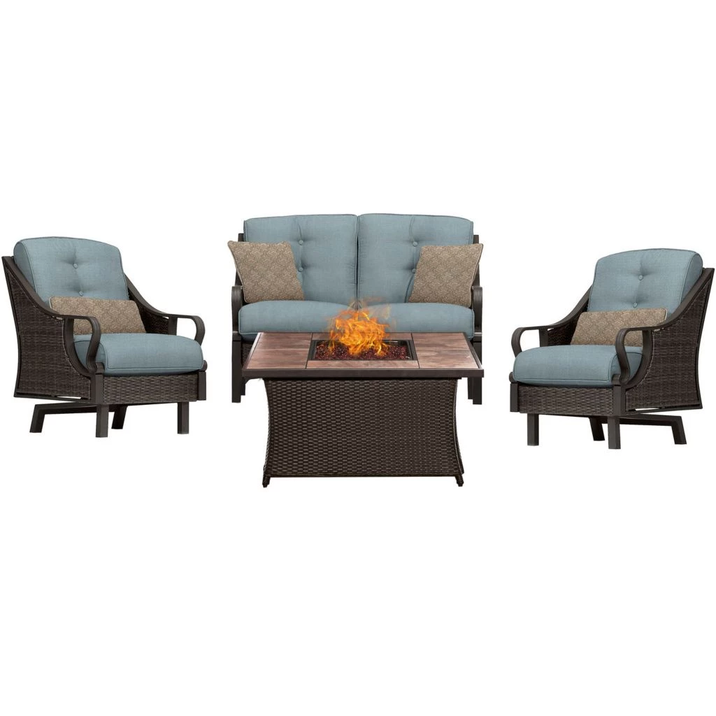 Hanover Ventura 4-piece Fire Pit Chat Set with Tan Porcelain Tile Top, 40k BTU, VEN4PCFP-BLU-TN 3 Hanover Ventura 4-piece Fire Pit Chat Set with Tan Porcelain Tile Top, 40k BTU, VEN4PCFP-BLU-TN