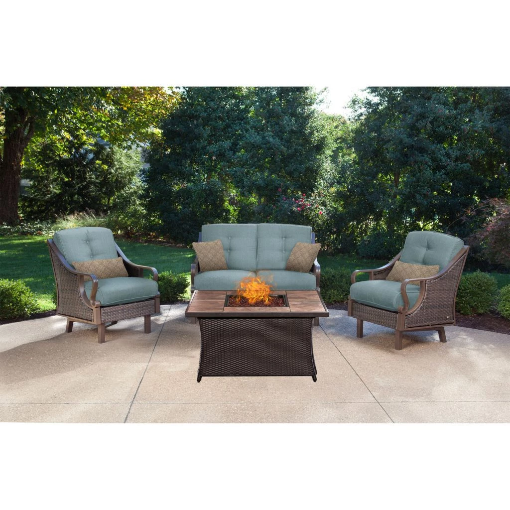 Hanover Ventura 4-piece Fire Pit Chat Set with Tan Porcelain Tile Top, 40k BTU, VEN4PCFP-BLU-TN 8 Hanover Ventura 4-piece Fire Pit Chat Set with Tan Porcelain Tile Top, 40k BTU, VEN4PCFP-BLU-TN - Image 6