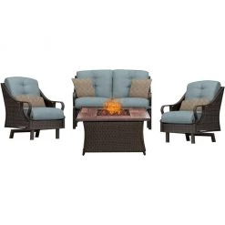 Hanover Ventura 4-piece Fire Pit Chat Set with Wood Grain Tile Top, 40k BTU, VEN4PCFP-BLU-WG