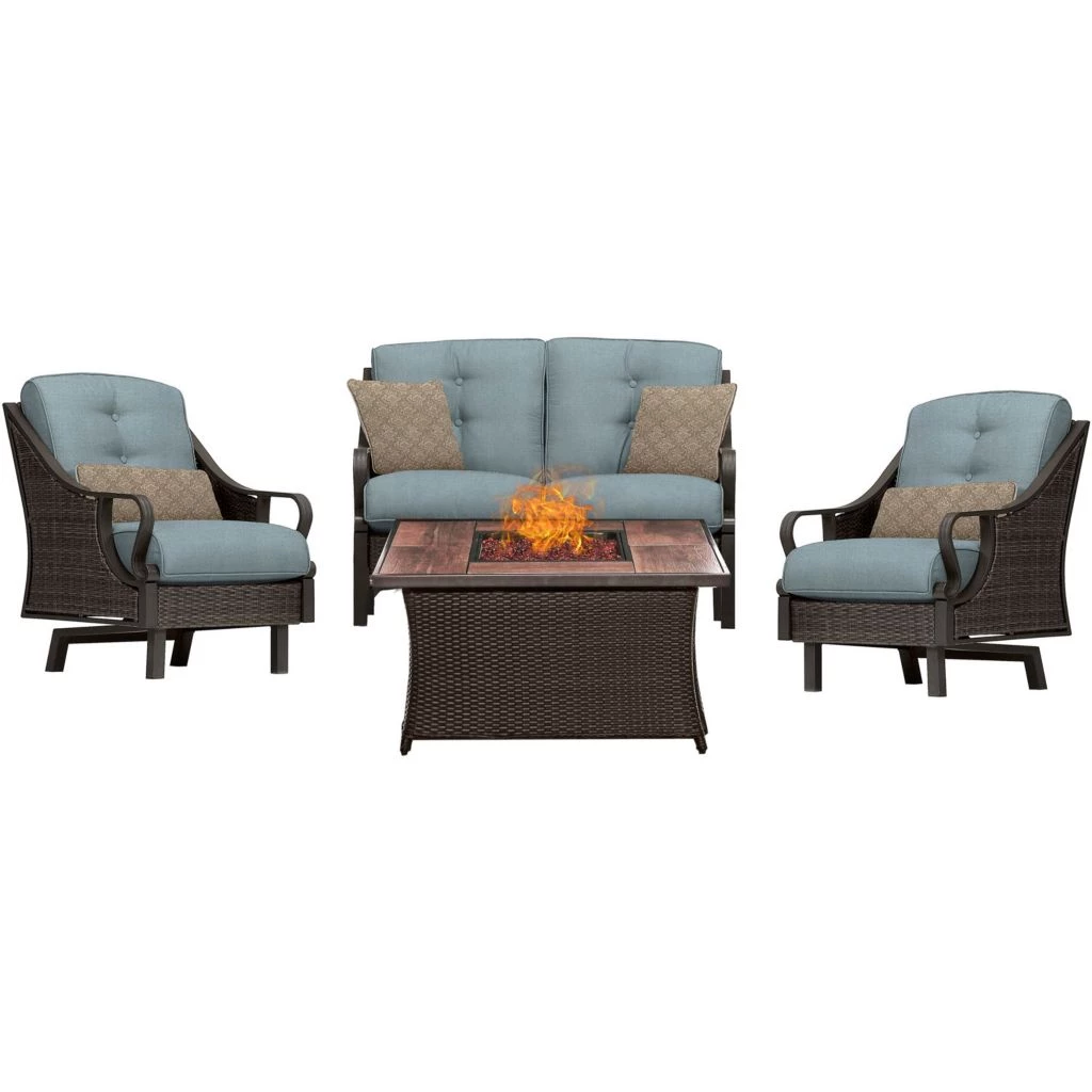 Hanover Ventura 4-piece Fire Pit Chat Set with Wood Grain Tile Top, 40k BTU, VEN4PCFP-BLU-WG 3 Hanover Ventura 4-piece Fire Pit Chat Set with Wood Grain Tile Top, 40k BTU, VEN4PCFP-BLU-WG