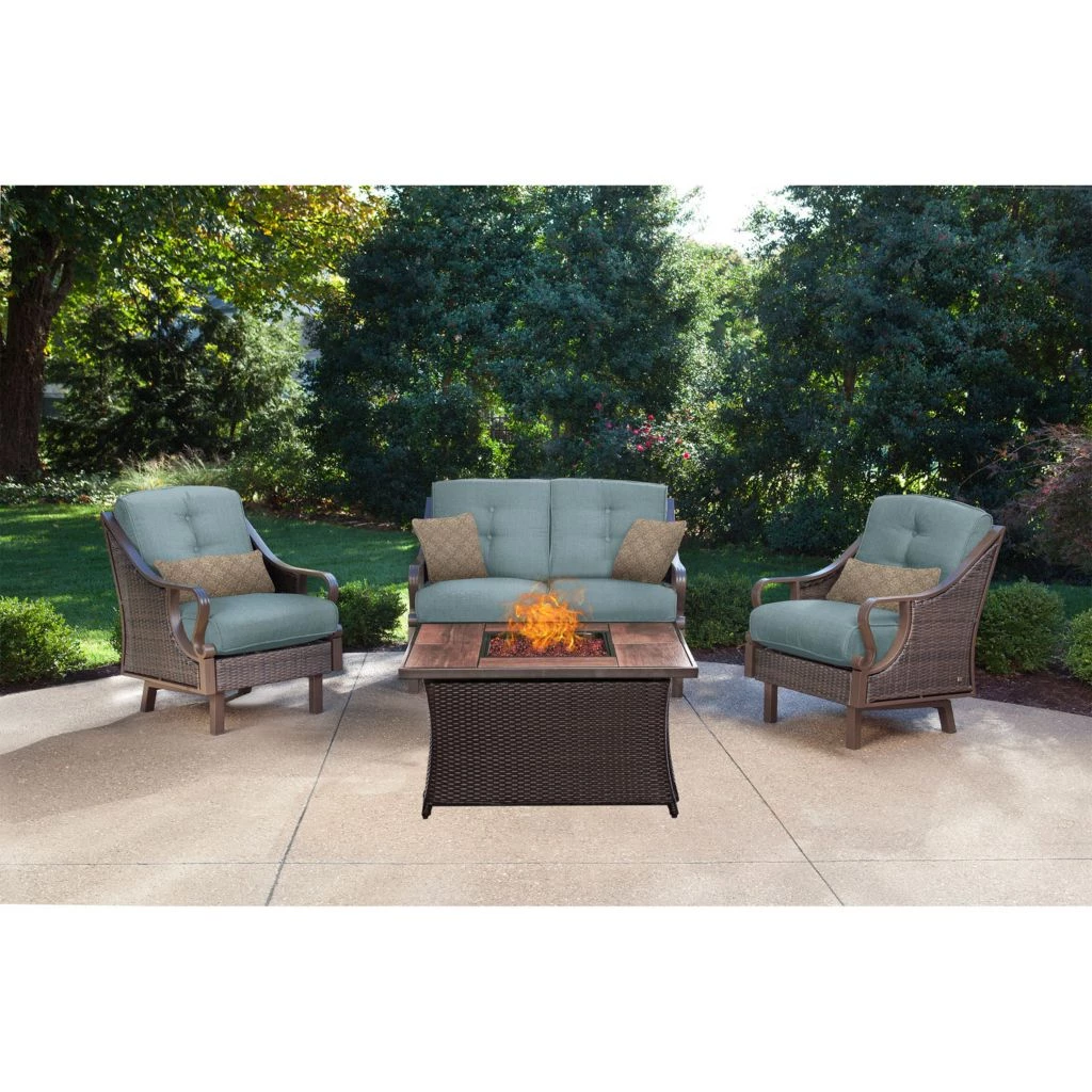 Hanover Ventura 4-piece Fire Pit Chat Set with Wood Grain Tile Top, 40k BTU, VEN4PCFP-BLU-WG 8 Hanover Ventura 4-piece Fire Pit Chat Set with Wood Grain Tile Top, 40k BTU, VEN4PCFP-BLU-WG - Image 6