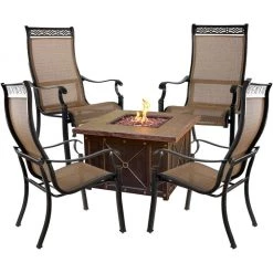 Hanover Monaco 5 pc. Fire Pit Chat Set with 4 Sling Dining Chairs and 40000 BTU Durastone Propane Fire Pit Table, MON5PCDFP