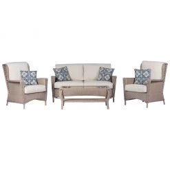 Hanover Nantucket 4 pc. Wicker Outdoor Chat Set with 2 High Back Side Chairs, Loveseat and Glass Top Coffee Table, NANT4PC-GRY