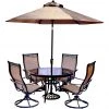 New! Hanover Monaco 5 pc. Dining Set with Swivel Sling Chairs Glass-Top Dining Table and Umbrella with Stand, MONDN5PCSWG-SU