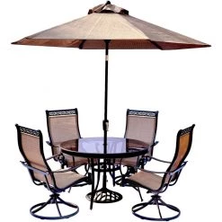 New! Hanover Monaco 5 pc. Dining Set with Swivel Sling Chairs Glass-Top Dining Table and Umbrella with Stand, MONDN5PCSWG-SU