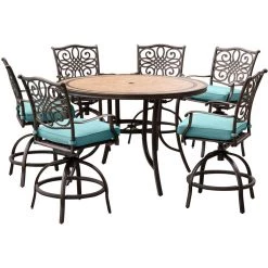 New! Hanover Monaco 7 pc. High-Dining Set, with a Tile-Top Table and 6 Swivel Chairs, MONDN7PCBR-C-BLU