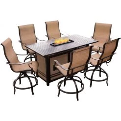 New! Hanover Monaco 7 pc. High-Dining Set with 6 Swivel Rockers and a 30,000 BTU Fire Pit Table, MONDN7PCFP-BR