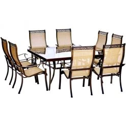 New! Hanover Monaco 9 pc. Dining Set with Square Glass-Top Table and Eight Stationary Dining Chairs, MONDN9PCSQG