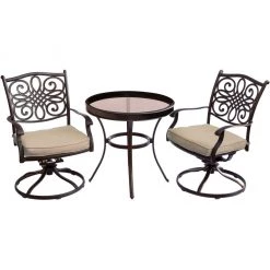 New! Hanover Traditions 3 pc. Swivel Bistro Set with Glass-Top Table, Tan, TRADDN3PCSWG
