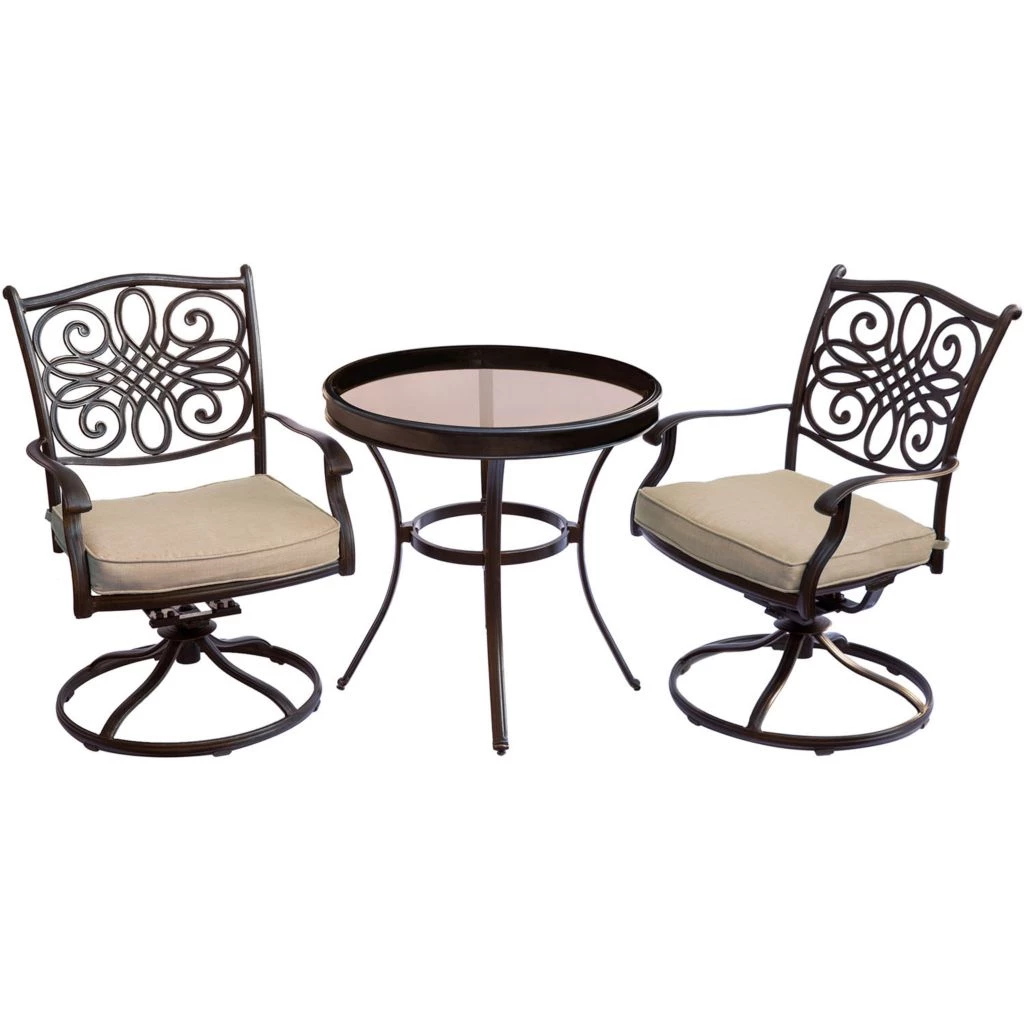 New! Hanover Traditions 3 pc. Swivel Bistro Set with Glass-Top Table, Tan, TRADDN3PCSWG 3 New! Hanover Traditions 3 pc. Swivel Bistro Set with Glass-Top Table, Tan, TRADDN3PCSWG