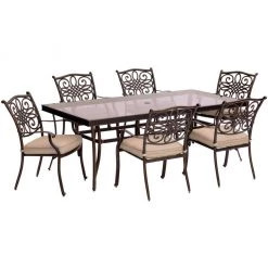 New! Hanover Traditions 7 pc. Dining Set with Extra Large Glass-Top Dining Table, Tan, TRADDN7PCG