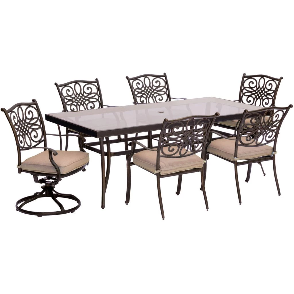 New! Hanover Traditions 7 pc. Dining Set with Extra Large Glass-Top Dining Table, Tan, TRADDN7PCSW2G 3 New! Hanover Traditions 7 pc. Dining Set with Extra Large Glass-Top Dining Table, Tan, TRADDN7PCSW2G