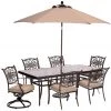 New! Hanover Traditions 7 pc. Dining Set with Extra Large Glass-Top Dining Table & Umbrella with Stand, Tan, 11 ft., TRADDN7PCSW2G-SU -Hanover Sales 1684396