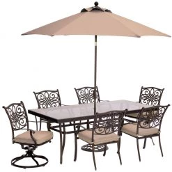 New! Hanover Traditions 7 pc. Dining Set with Extra Large Glass-Top Dining Table & Umbrella with Stand, Tan, 11 ft., TRADDN7PCSW2G-SU