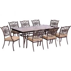 New! Hanover Traditions 9 pc. Dining Set with Extra-Long Glass-Top Dining Table, Tan, TRADDN9PCG