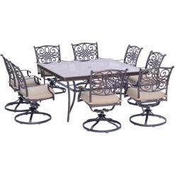 New! Hanover Traditions 9 pc. Dining Set with a Square Glass-Top Dining Table, TRADDN9PCSWSQG