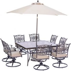New! Hanover Traditions 9 pc. Square Dining Set with 8 Swivel Dining Chairs, Square Dining Table, Umbrella/Base, TRADDN9PCSWSQG-SU