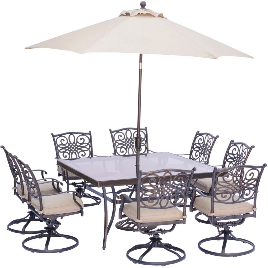 New! Hanover Traditions 9 pc. Square Dining Set with 8 Swivel Dining Chairs, Square Dining Table, Umbrella/Base, TRADDN9PCSWSQG-SU 3 New! Hanover Traditions 9 pc. Square Dining Set with 8 Swivel Dining Chairs, Square Dining Table, Umbrella/Base, TRADDN9PCSWSQG-SU