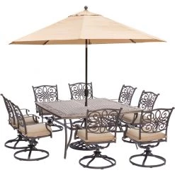 New! Hanover Traditions 9 pc. Dining Set with Square Cast-Top Dining Table and Umbrella with Stand, TRADDN9PCSWSQ8-SU