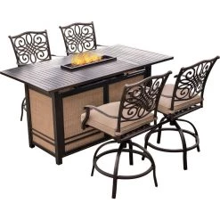 New! Hanover Traditions 5 pc. High-Dining Set with 4 Tall Swivel Chairs and a 30000 BTU Fire Pit Dining Table, Tan, TRAD5PCFPBR