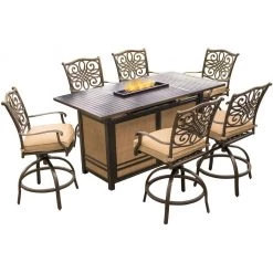 New! Hanover Traditions 7 pc. High-Dining Set with 30000 BTU Fire Pit Table, Tan, TRAD7PCFPBR