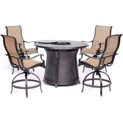 New! Hanover Manor 5 pc. High-Dining Set with 4 Swivel Chairs and a 40,000 BTU Cast-Top Fire Pit Table, MAN5PCFPRD-BR