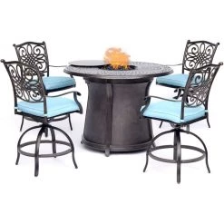 Hanover Traditions 5 pc. High-Dining Set with 4 Swivel Chairs and a 40,000 BTU Cast-Top Fire Pit Table, TRAD5PCFPRD-BR-B