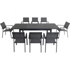 Hanover Cameron 9 pc. Expandable Dining Set with 8 Sling Dining Chairs and a Table, CAMDN9PC-GRY