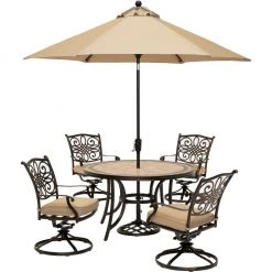 Hanover Monaco 5 pc. Dining Set with 4 Cushioned Swivel Rockers a Tile-Top Table and an Umbrella, MONDN5PCSW4-SU