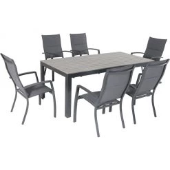 Hanover Tucson 7 pc. Dining Set with 6 Padded Sling Chairs and a Faux Wood Dining Table, TUCSDN7PCHB-GRY