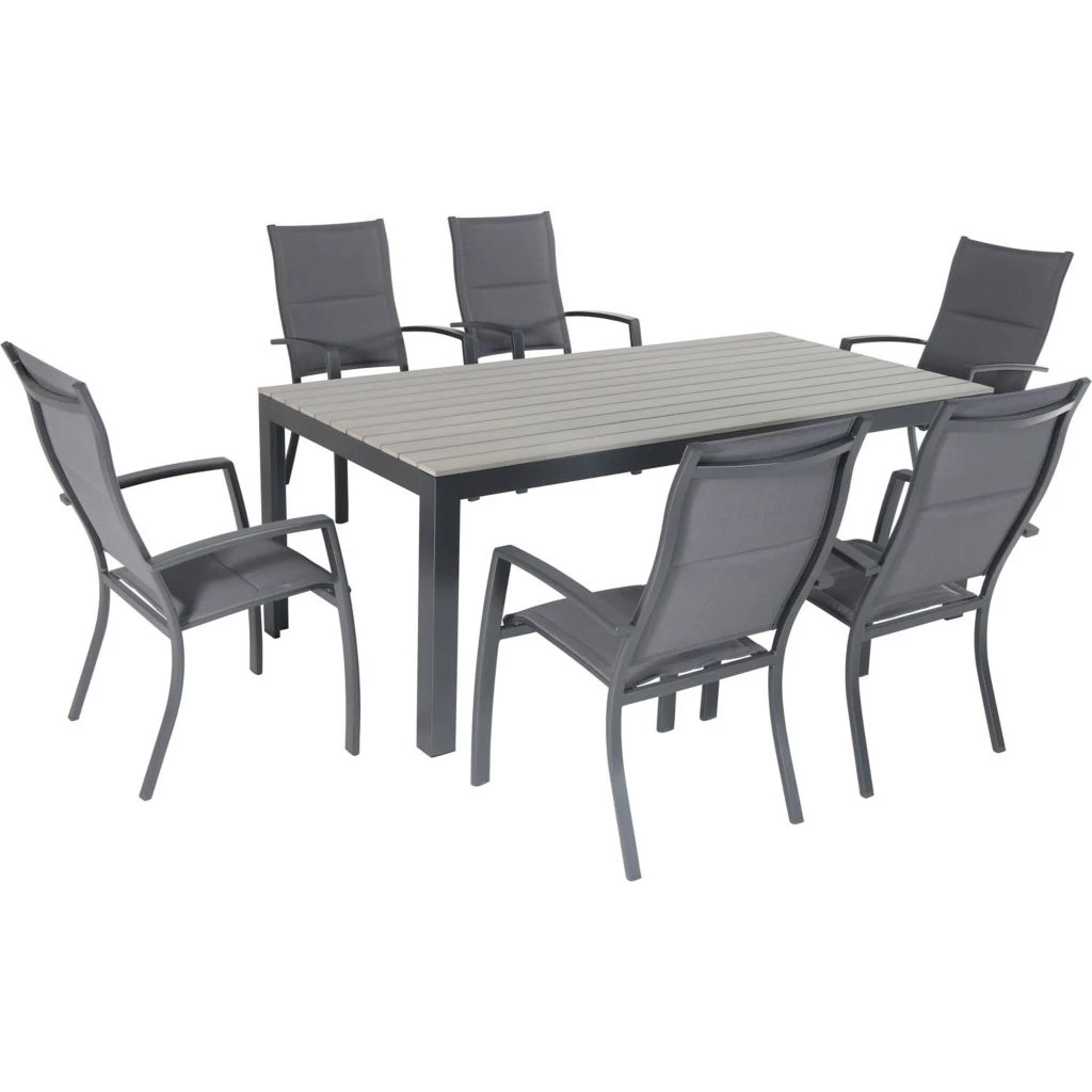 Hanover Tucson 7 pc. Dining Set with 6 Padded Sling Chairs and a Faux Wood Dining Table, TUCSDN7PCHB-GRY 3 Hanover Tucson 7 pc. Dining Set with 6 Padded Sling Chairs and a Faux Wood Dining Table, TUCSDN7PCHB-GRY