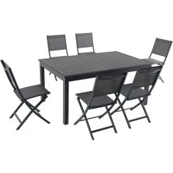 New! Hanover Naples 7 pc. Dining Set with 6 Folding Sling Chairs and Expandable Dining Table, Gray, NAPDN7PCFD-GRY