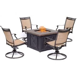 Hanover Fontana 5 pc. Fire Pit Chat Set with 4 Sling Swivel Rockers, 40,000 BTU Gas Durastone Fire Pit Table, FON5PCDSW4FP