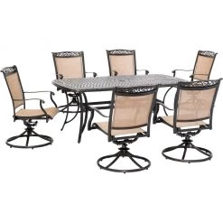 Hanover Fontana 7 pc. Outdoor Dining Set with 6 Sling Swivel Rockers and a Cast-Top Table, FNTDN7PCSWC