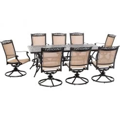 Hanover Fontana 9 pc. Outdoor Dining Set with 8 Sling Swivel Rockers and a Cast-Top Table, 42 x 84 in. Table, FNTDN9PCSWC