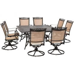 New! Hanover Fontana 9 pc. Outdoor Dining Set with 8 Sling Swivel Rockers and a Square Cast-Top Table, 60 in. Table, FNTDN9PCSWSQC