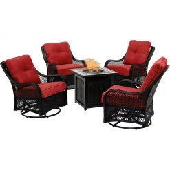 Hanover Orleans 5 pc. Fire Pit Chat Set, with 4 Woven Swivel Gliders and a 26 in. Square Fire Pit Table, Berry, ORL5PCFPSQ-BRY