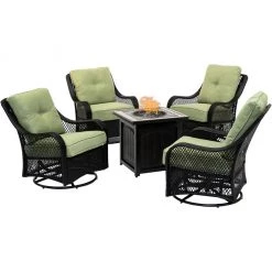 Hanover Orleans 5 pc. Fire Pit Chat Set, with 4 Woven Swivel Gliders and a 26 in. Square Fire Pit Table, Green, ORL5PCFPSQ-GRN