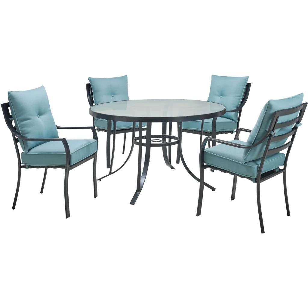 Hanover Lavallette 5 pc. Dining Set with 4 Stationary Chairs and a Round Glass-Top Table, Blue, LAVDN5PCRD-BLU 3 Hanover Lavallette 5 pc. Dining Set with 4 Stationary Chairs and a Round Glass-Top Table, Blue, LAVDN5PCRD-BLU