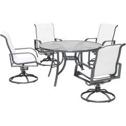 Hanover Phoenix 5 pc. Dining Set with 4 Sling Swivel Rockers and Round Glass-Top Table, White, 48 in., PHOEDN5PCSWSQ-WHT