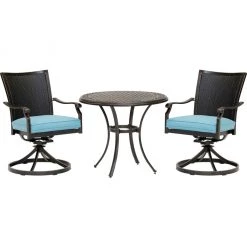 Hanover Traditions 3 pc. Dining Set with 2 Wicker Back Swivel Rockers and Round Cast-Top Table, TRADDNWB3PCSWC-BLU