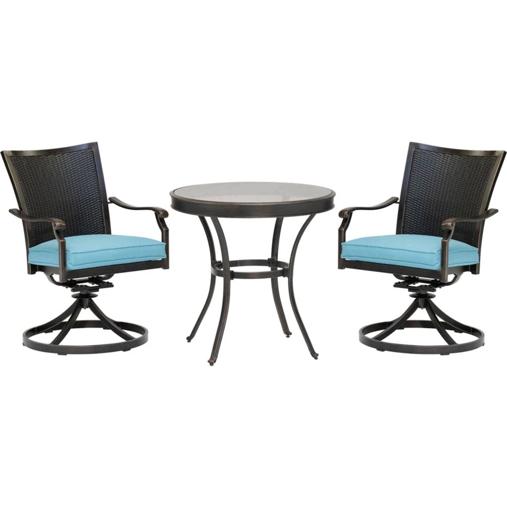 Hanover Traditions 3 pc. Dining Set, with 2 Wicker Back Swivel Rockers and Round Glass-Top Table, TRADDNWB3PCSWG-BLU 3 Hanover Traditions 3 pc. Dining Set, with 2 Wicker Back Swivel Rockers and Round Glass-Top Table, TRADDNWB3PCSWG-BLU